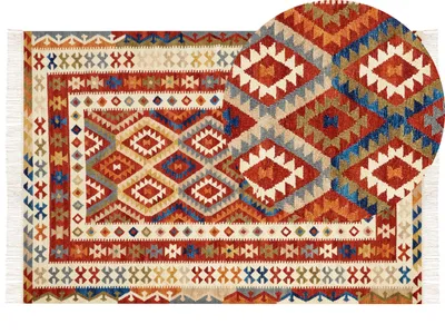 Produktbild von BELIANI Kelim-Teppich Mehrfarbig Wolle 160 x 230 cm mit Fransen Geometrischem Muster Handgewebt Boho Orientteppich für Fußbodenheizung Geeignet