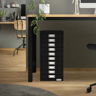 Immagine prodotto di ML-Design schedario con 10 cassetti, 28x38x60 cm, nero, cassettiera in metallo per DIN A4, con portaetichette