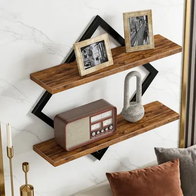 Image de Ensemble Wandregal - Lot de 2 étagères murales - Étagère en bois et métal à 2 niveaux - Avec système de suspension par corde - Pour salle de bain, chambre à coucher, salon - Noir