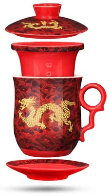 Produktbild von Teetasse 400 ml mit Deckel und Teesieb Motiv Drache rot Set