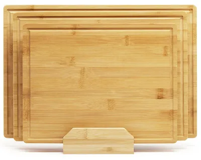 Image de Planches à découper en bambou - Ensemble de 3 planches - Avec support - Rainures profondes pour recueillir les jus - Poignées intégrées - Pour la viande, les légumes et les fruits - Bambou écologique