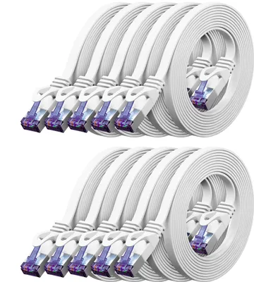 Produktbild von deleyCON 10x 1m RJ45 Patchkabel Flachkabel mit CAT7 Rohkabel Netzwerkkabel Ethernetkabel Slim U/FTP Gigabit Ethernet Lan Kabel - Weiß