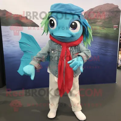 Produktbild von Türkisfarbener REDBROKOLY Betta-Fisch Maskottchen Kostüm charakter bekleidet mit einem Chambray-Hemd und Schal-Clips