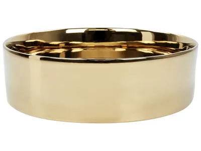 A close-up studio shot of a gold ceramic sink.