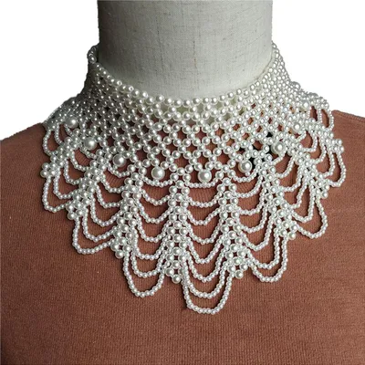 Produktbild von Imitationsperlen-Halskette mit hohlem Design, mehrlagigem, abnehmbarem Kragen, einfarbigem Design, Kleideraccessoire