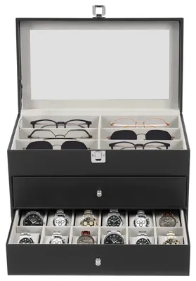 Produktbild von Uhren- und Brillen Aufbewahrungsbox - Displaykasten - 12 Brillenfächer - 12 Uhrenfächer - Schmuck- und Ringaufbewahrung - Große Kapazität