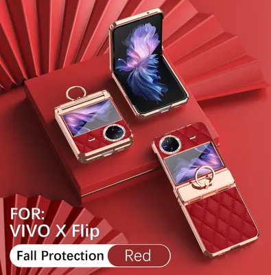 Produktbild von Leder Hülle für Vivo X Flip mit Ringhalterung, Luxus Glitzer Bling Überzug Scharnierschutz Handyhülle Rot