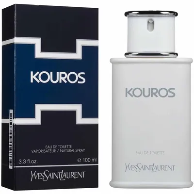 A product shot of Kouros Eau de Toilette by Yves Saint Laurent, showing both the perfume bottle and its packaging.