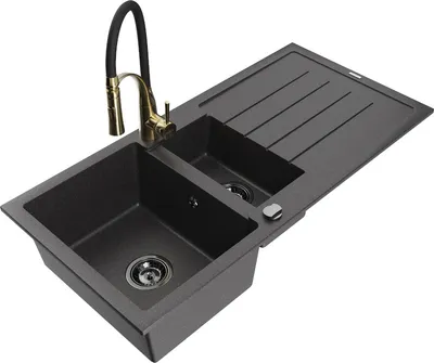 Produktbild von Mexen Andres 1,5-Becken-Granitspüle mit Abtropffläche und Mischbatterie Aster, Schwarz gesprenkelt - 6515-76-73450-57-B