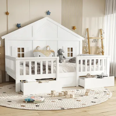 Produktbild von Flieks Kinderbett 90x200cm mit 2 Schubladen, Hausbett mit Fenstern und Dach, Kinder Einzelbett Holzbett mit Lattenrost und Rausfallschutz, Weiß