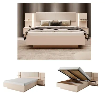 Produktbild von Polsterbett DASTO in Beige – modernes Bett mit Kopfteil, ohne Matratze(160x200cm) mit LED