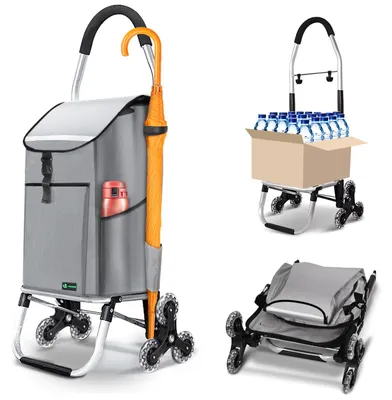Obrázek produktu pro VOUNOT® Hliníkový nákupní vozík pro jízdu po schodech, skládací nákupní vozík s háčky, 6 koleček, šedý
