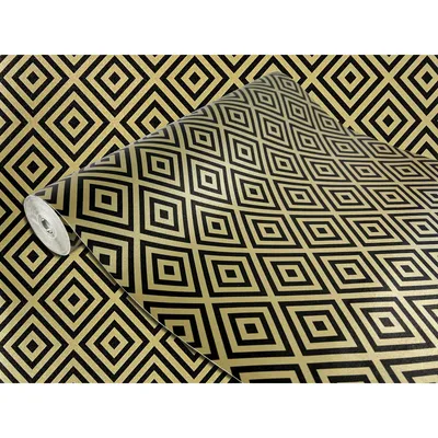 Produktbild von Klebefolie Möbel 45x25 cm - Goldene Quadrate - Möbelfolie selbstklebend in Deko-Stil - Folie für Möbel zur schnellen Renovierung von Türen und Schränken - Möbelfolie dekorativ und pflegeleicht