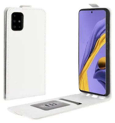A white flip case for a Samsung Galaxy A51 smartphone is shown, with the phone inside and open.