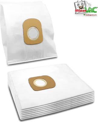 A stack of vacuum cleaner bags and one bag standing upright, with a logo in the top right corner.