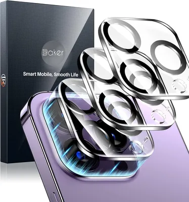 A product shot of camera lens protectors for an iPhone, with packaging in the background.