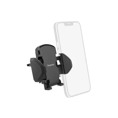 A black car phone holder is shown attached to a smartphone, with the smartphone outlined in a lighter color.