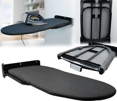 Collage of images showing a wall-mounted ironing board in different states: extended with an iron, folded, and partially folded.