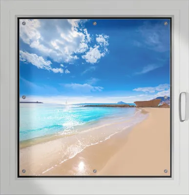 Produktbild von Wallario Lichtschutzbild, Dekorativer Sichtschutz Sonnenschutz 96 x 100 cm mit Motiv: Traumstrand unter blauem Himmel - Verdunklung ohne Bohren