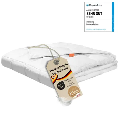 A folded white duvet is shown on a white background with a tag attached.