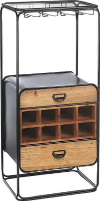A freestanding wine rack with a glass top and multiple compartments for bottles.