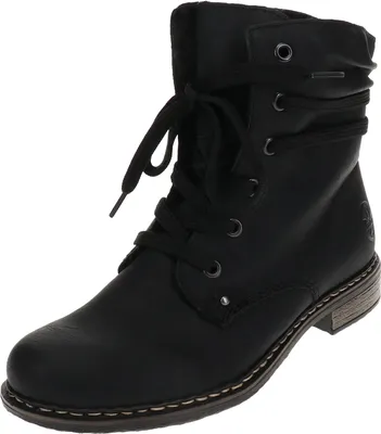A black ankle boot with laces.