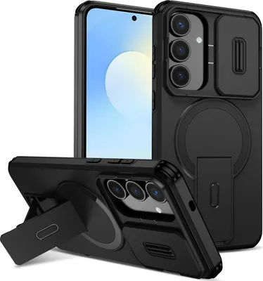 A black phone case with a built-in stand and camera cover is shown from multiple angles against a white background.