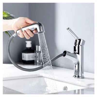Produktbild von Ausziehbare Waschtischarmatur mit Brause, Wasserhahn für das Bad mit 2 Strahlarten, Einhebelmischer für das Waschbecken, Chrom