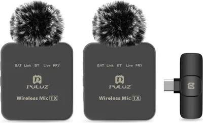 Zdjęcie produktu dla PULUZ PU648B Bezprzewodowy system mikrofonowy z 1 odbiornikiem i 2 nadajnikami, zasięg transmisji 10 m, zintegrowana bateria zastępcza do telefonów z systemem Android, komputera, laptopa, kamery do transmisji na żywo, wywiadów, vlogów