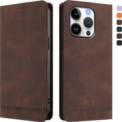 Image de Etui pour iPhone 16 Pro, étui rétro en cuirPolyuréthaneavec support et fentes pour cartes de crédit Marron