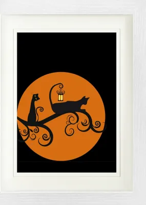 Produktbild von Katzen Gerahmtes Bild Mit Edlem Passepartout | Wand-Bilder | Im Bilderrahmen - Schwarze Katzen In Einer Vollmondnacht (40 x 30 cm)
