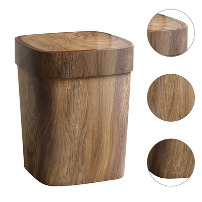 Produktbild von retro mülleimer mit holzoptik – kreativer papierkorb für wohnzimmer, küche und bad, aus kunststoff mit pressring, ideal für den hausgebrauch