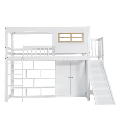 Produktbild von Flieks Etagenbett 90x200cm mit Rutsche, Kinderbett Hausbett Hochbett mit Bücherregal und Kleiderschrank, Stockbett Einzelbett für Kinderzimmer, Weiß