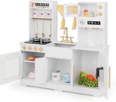 Imagen del producto de Cocina de juguete con luces y sonidos, cocina infantil con accesorios, cocina de juego para niños con fregadero, grifo, estufa, dispensador de agua, microondas, cocina de juguete de madera, juego de cocina para niños a partir de 3 años, color blanco