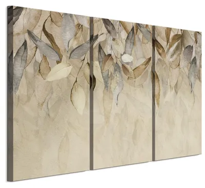 Image de Ensemble de 3 tableaux décoratifs LUMASOUL pour salon, représentant des feuilles, dimensions 90x60 cm. Ensemble de 3 tableaux sur toile, idéal pour chambre, couloir, bureau et cuisine