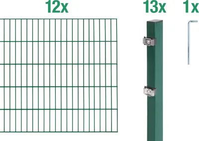 Zdjęcie produktu dla Ogrodzenie Alberts z podwójnej siatki drucianej, wysokość 160 cm, długość 24 m, kompletny zestaw ogrodzeniowy do zabetonowania, zielony, słupki 60x40 mm