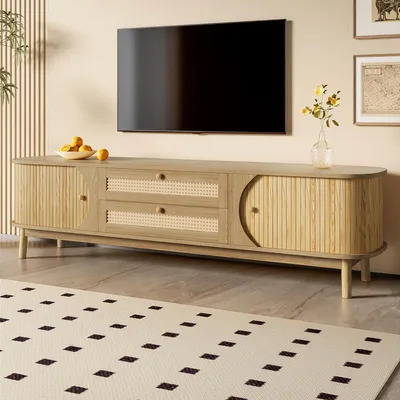Produktbild von TV-Schrank – Natürlicher Holz-Blend TV-Schrank mit Türen und Schubladen. TV-Ständer mit Rattanseiten. Aufbewahrungslösung, Natürlicher Landhausstil
