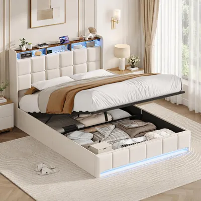 Obrázek produktu pro Postel INONEFT, rozměr 140x200 cm, čalouněná, s LED osvětlením a USB porty, jednolůžko pro mládež s úložným prostorem v čele, hydraulická postel s pružinovou základnou, barva: béžová, Obrázek vytvořený pomocí AI