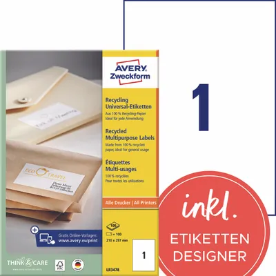 Produktbild von Avery Zweckform LR3478, Recycling Universal-Etiketten, A4, 210 x 297 mm, 100 Etiketten / 100 Bögen, naturweiß