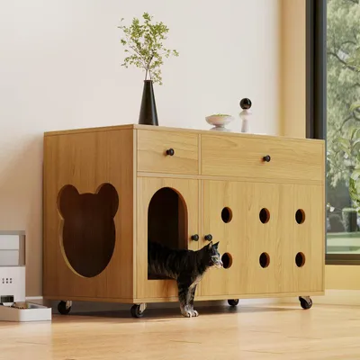 Produktbild von Katzenschrank/Katzenhaus mit abnehmbare Sandablassplatte, geruchsisoliert, ohne Katzenklo, 100×45×66 cm (Naturholzfarbe, Gelbmaplefarbe)
