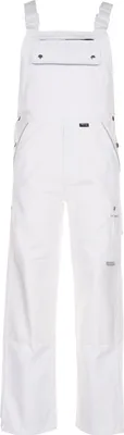 A white pair of canvas overalls is shown against a white background.