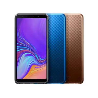 Three smartphones are displayed side-by-side against a white background. The phone on the left has its screen on, displaying a colorful wallpaper. The other two phones are shown from the back, with textured finishes.
