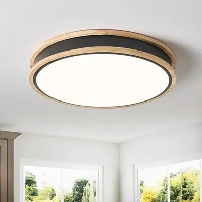 Productafbeelding van Moderne LED Plafondlamp 40CM - Zwarte Ronde Houten Verlichting voor Woonkamer, Slaapkamer, Keuken, Eetkamer
