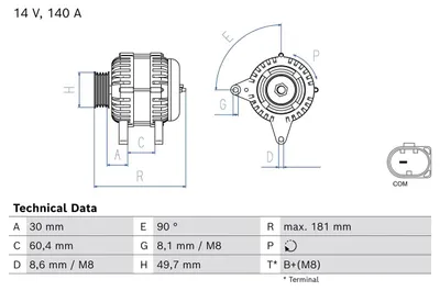 Image de BOSCH 0 986 086 090 : Alternateur/générateur LiMa 140A 14V pour VW Golf VII berline (5G1, BQ1, BE1, BE2), Polo berline (6R1, 6C1), Golf VII break
