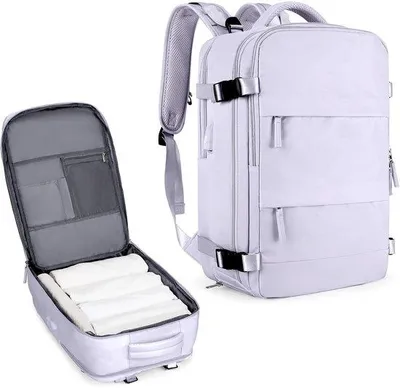 Produktbild von Reisrucksack für Damen und Herren, große Wasserdichte Reisetasche mit USB-Ladestation, Laptopfach für 14 Zoll Laptop, Schuhfach, Grau/Lila