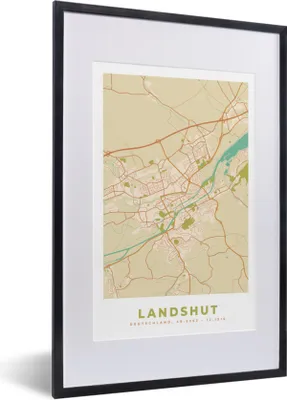 Produktbild von MuchoWow® Gerahmtes Poster Landshut - Karte - Vintage - Stadtplan 40x60 cm - Poster mit Schwarzem Bilderrahmen Wandposter Rahmen Foto Bilder - Poster in Rahmen