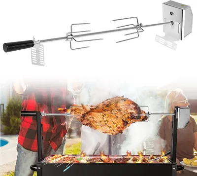 Produktbild von QEENTOE Edelstahl Rotisserie Drehspieß Set mit Motor 220-240V, 24 Fleischgabeln, silberner Grill Drehspieß für Grillgeräte