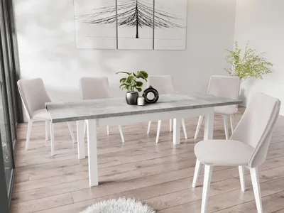 Produktbild von Moderner Rechteckiger Ausziehbarer Esstisch - Platzsparend - Weiße Holzbeine - 160 bis 240 cm - Hergestellt in EU - 160 x 90 cm - Grau Beton
