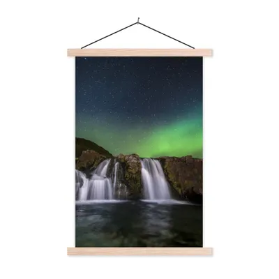 Produktbild von MuchoWow® Textilposter Nordlicht - Wasserfall - Island - Natur 40x60 cm mit holzfarbenen Rahmen - Poster