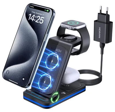 Immagine prodotto di Stazione di ricarica 3 in 1 Mankiw per iPhone, iWatch e AirPods – Colore: nero